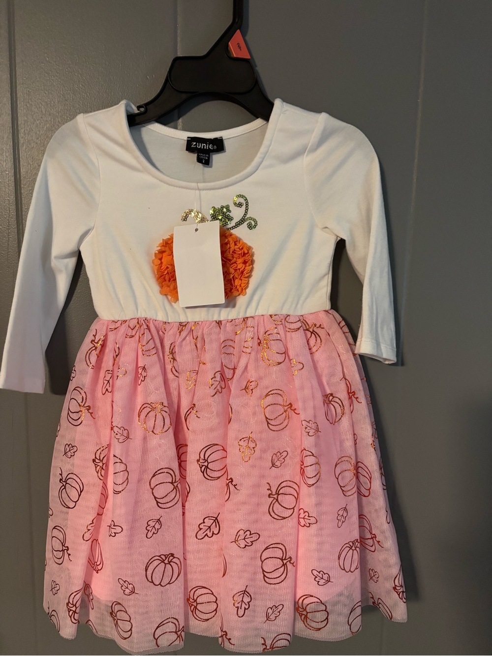 Zunie White Bodice Pink Tulle Pumpkin Dress with Orange Pom